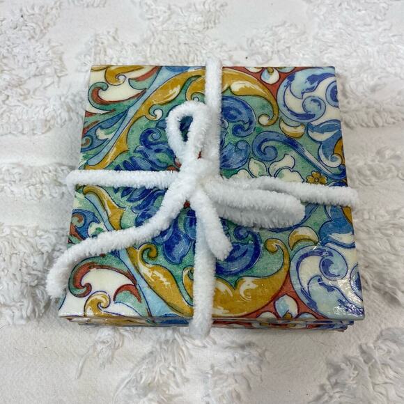 HANDMADE Cork Coaster Set of 4 Spanish Tile Style Vibrant Hacienda Tuscan Casita - Picture 1 of 6